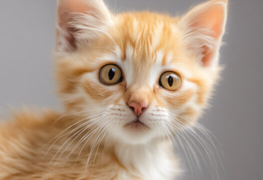 Close-up portrait of a cute ginger kitten on gray background.  Portrait of beautiful red cat with green eyes on blurred background. 