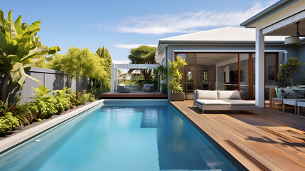 stunning backyard small spa pool with beautiful garden surorunds, modern australian home