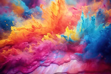 Vivid clouds of powder erupt in a vibrant display of color, reminiscent of the joyous celebrations of the Holi festival, symbolizing joy, play, and the arrival of spring.