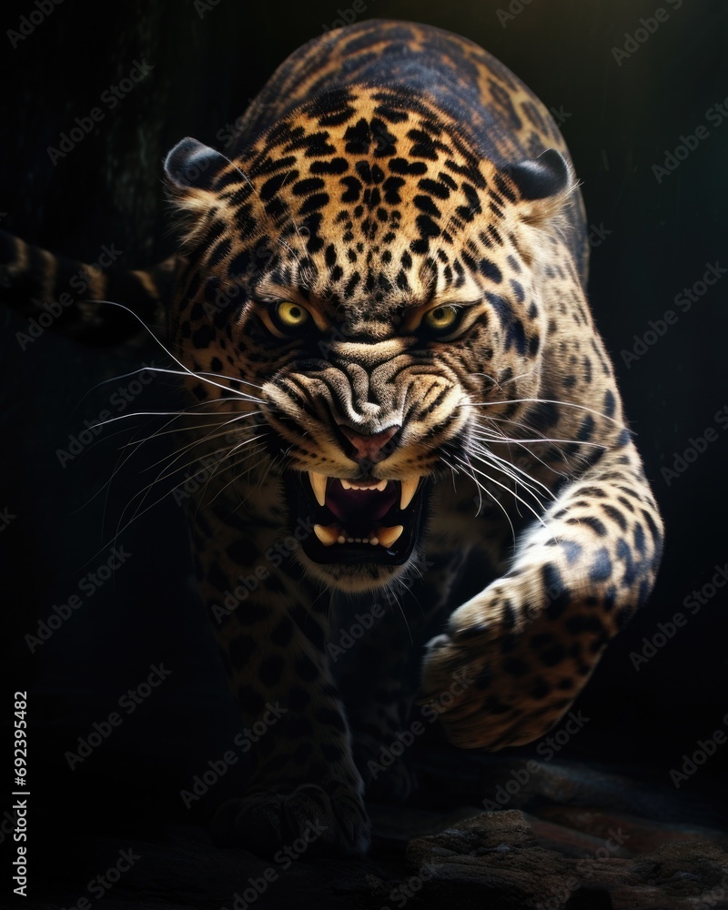 Poster a leopard with its mouth open. generative ai.