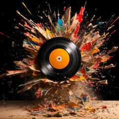 a vinyl record exploding into zero and one 