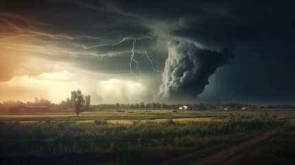 Natural disaster concept. Tornado raging over a landscape. Storm over cornfield. Super cell wall...