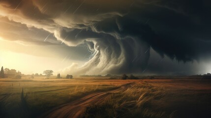 Natural disaster concept. Tornado raging over a landscape. Storm over cornfield. Super cell wall cloud moving over the rural landscape during severe storm tornado warning - obrazy, fototapety, plakaty