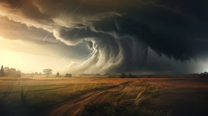 Poster Natural disaster concept. Tornado raging over a landscape. Storm over cornfield. Super cell wall cloud moving over the rural landscape during severe storm tornado warning © Usman