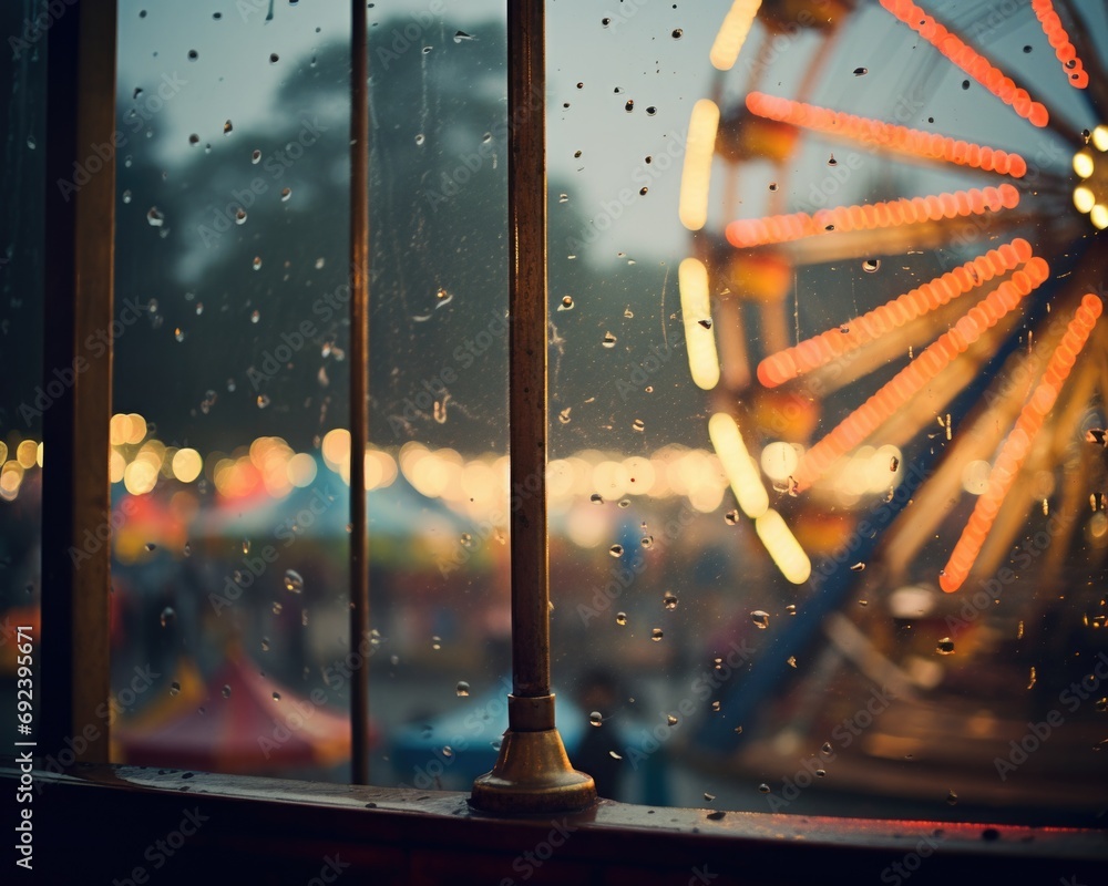 Poster a view of a ferris wheel through a window. generative ai.