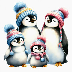 Fototapeta premium Penguin family in knitted hats and scarves, Winter penguins, Christmas penguins