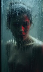 A woman standing behind the wet glass. Generative AI.