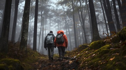 Photorealistic image of a middle aged couple of hikers walk through the forest in rainy weather. Escape to the forest and nature from the hustle and bustle of the big city