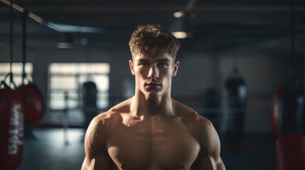 Fototapeta na wymiar Portrait of a young boxer in the gym. He looking at camera after a workout. Boxing is a sport for those who are able to show a real masculine character
