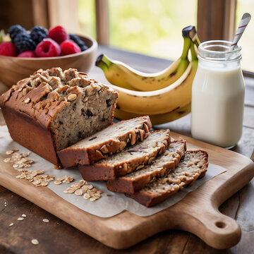 A large slice of banana bread topped with fresh fruit sits alongside a bottle of milk and a bowl of oatmeal on a wooden cutting board, depicting a hearty and healthy breakfast or snack