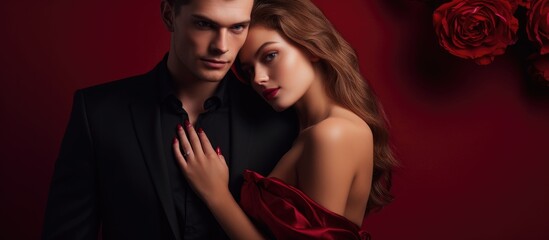 St Valentines day concept. Close up photo of a stylish young couple on a dark red background