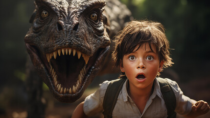 Schoolboy running from dinosaur