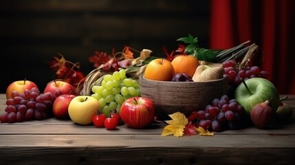 Thanksgiving still life. Vegetable autumn fruits, apples on a wooden table
