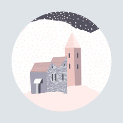 Winter landscape. Snowy houses. Round illustration. Vector