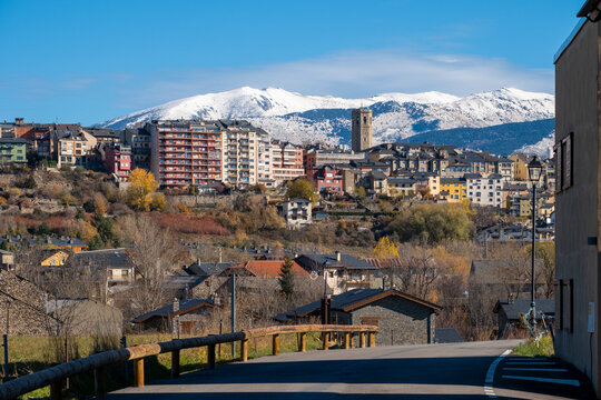 Panoramic of the town of Puigcerda in the fall in the Cerdanya region in the province of Gerona in Catalonia Spain