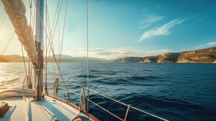 Fototapeta premium The boat is sailing on the blue Mediterranean sea. View from the deck. The yacht sails the open sea on a sunny day