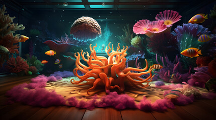Image for 3d floor. Underwater world. Octopus. corals. Generative AI.