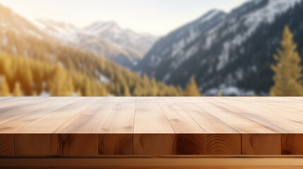 Empty wood table blurred mountains background, copy space for text