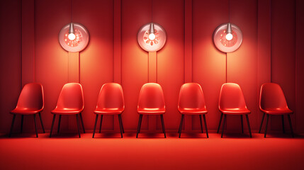Job interview, recruitment,best,talent concepts.Row of chairs with one odd one out. Job opportunity.Red chair in spotlight.Business leadership. recruitment concept.3D renderingleader, . Generative AI.
