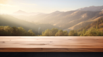 Empty wooden tabletop with nature blurred mountains background