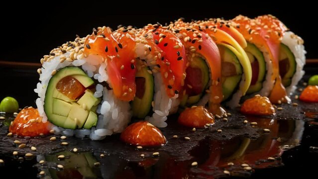 It's an intriguing close-up image of a maki roll, comprising vibrant ingredients that gleam during sunset. The video format is horizontal.