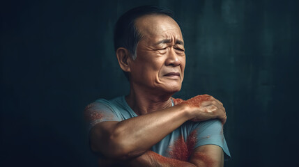 Pain in the shoulder joint of Asian elder man. Concept of frozen shoulder. Generative AI.