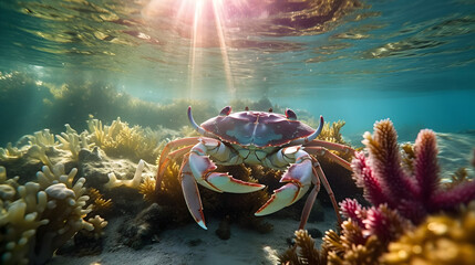 Underwater closeup picture of the mangrove ( rainbow ) crab and sunlight in the ocean coral reef. Generative AI - obrazy, fototapety, plakaty