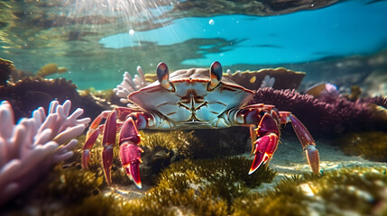 Underwater closeup picture of the mangrove ( rainbow ) crab and sunlight in the ocean coral reef. Generative AI