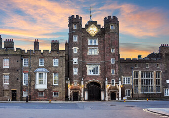St. James's palace in Pall Mall street at sunset, London, UK