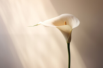 A minimalist photograph highlighting the silhouette of a calla lily against a backdrop of soft, diffused sunlight.