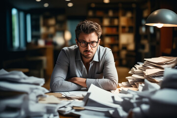 Man sitting at table with stacks of papers on it.