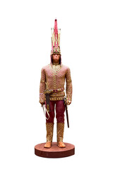 Reconstruction of an archaeological find - the Kazakh Golden Man on a white...