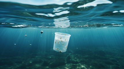 Plastic cup floating underwater in the ocean sea pol