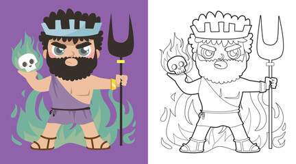 Colouring cute Greek gods cartoon character. Coloring Hades god of hell and underworld. Simple coloring page for kids. Fun activity for kids. Educational printable coloring worksheet. Vector.