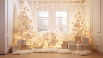 Christmas Tree White Shiny Lights in white room modern style generative ai