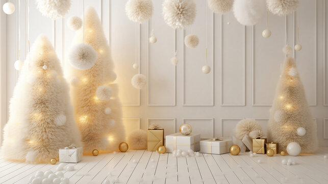 Christmas Tree White Shiny Lights in white room modern style generative ai