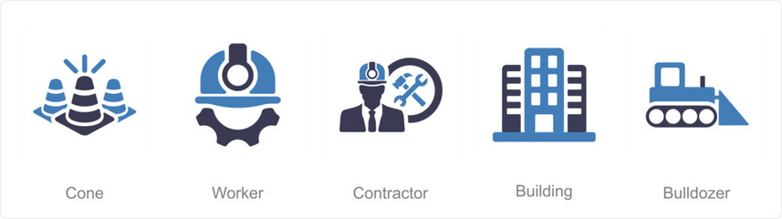 A set of 5 Build icons as cone, worker, contractor - obrazy, fototapety, plakaty