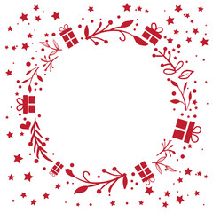 Obraz premium Geschenkgutschein mit weihnachtlich geschmücktem Kranz und Geschenken - Vektor Illustration mit roten Grafiken auf weißem Hintergrund