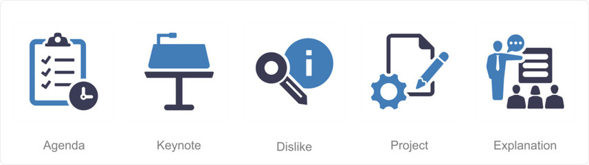 A set of 5 Business Presentation icons as agenda, keynote, dislike
