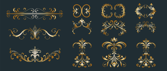 vintage frames gold and scroll elements. Classic calligraphy swirls, swashes, dividers, floral motifs. Good for greeting cards, wedding invitations - obrazy, fototapety, plakaty