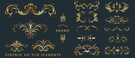 vintage frames gold and scroll elements. Classic calligraphy swirls, swashes, dividers, floral motifs. Good for greeting cards, wedding invitations