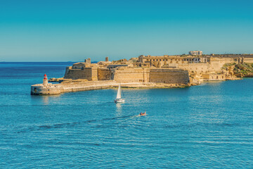 The bastioned fort of St. Angelo in Birgu town, Malta island - 692401029