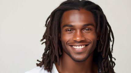 Portrait of an elegant sexy smiling African man with dark and perfect skin and long hair, on a gray background.