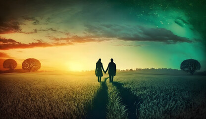 Couple holding hands in a green field at sunset. Generative AI