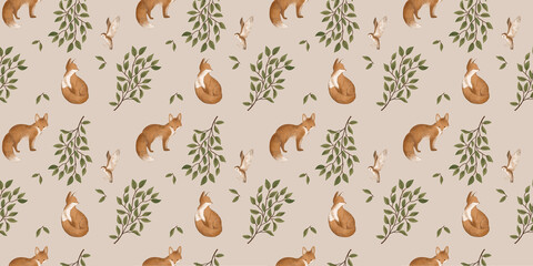 Woodland seamless pattern with floral and animals. Forest pattern with foxes.  - 692402059