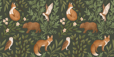 Woodland seamless pattern with floral and animals. Forest pattern with fox, owl, bird.  