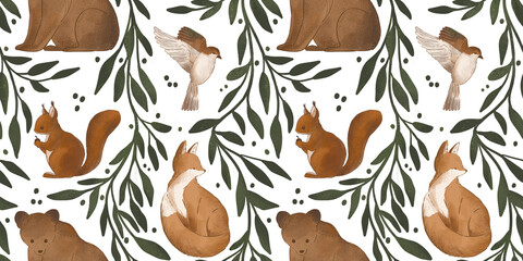 Woodland seamless pattern with floral and animals. Forest pattern with sparrow, squirrel, fox and bear.