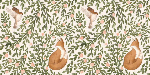 Woodland seamless pattern with floral and animals. Forest pattern with fox and sparrow.  - obrazy, fototapety, plakaty