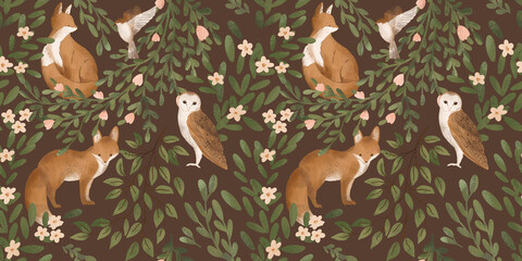 Woodland seamless pattern with floral and animals. Forest pattern with fox, owl, bird.   - 692402098
