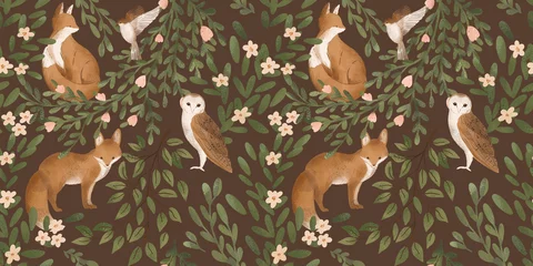 Foto auf Acrylglas Woodland seamless pattern with floral and animals. Forest pattern with fox, owl, bird.   © jenteva